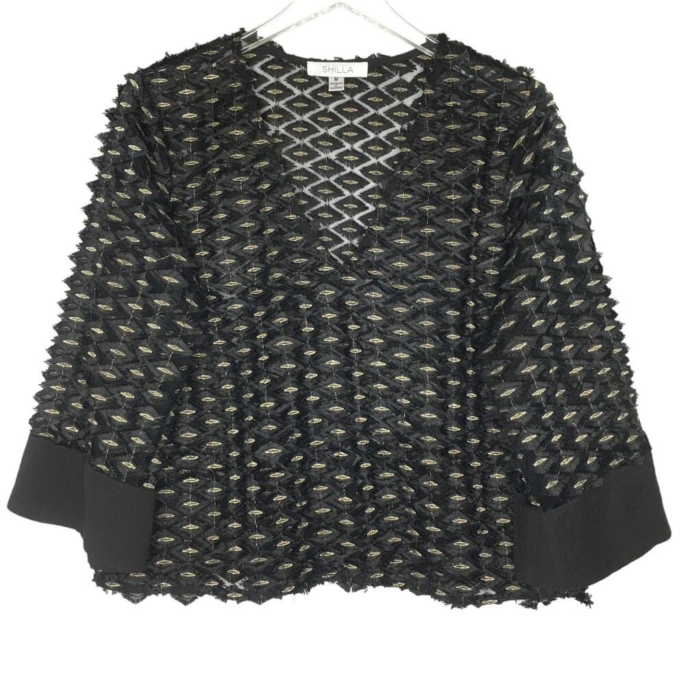 Shilla M Womens Textured Gold Black Mesh V Neck Top Party Cocktail